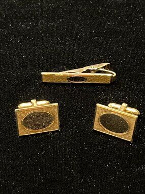 Vintage La Mode Mid Century Cufflinks & Tie Clip Set Gold Filled Art Deco